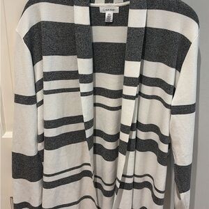 Calvin Klein Black and White Striped Open-Front Cardigan